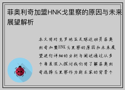 菲奥利奇加盟HNK戈里察的原因与未来展望解析